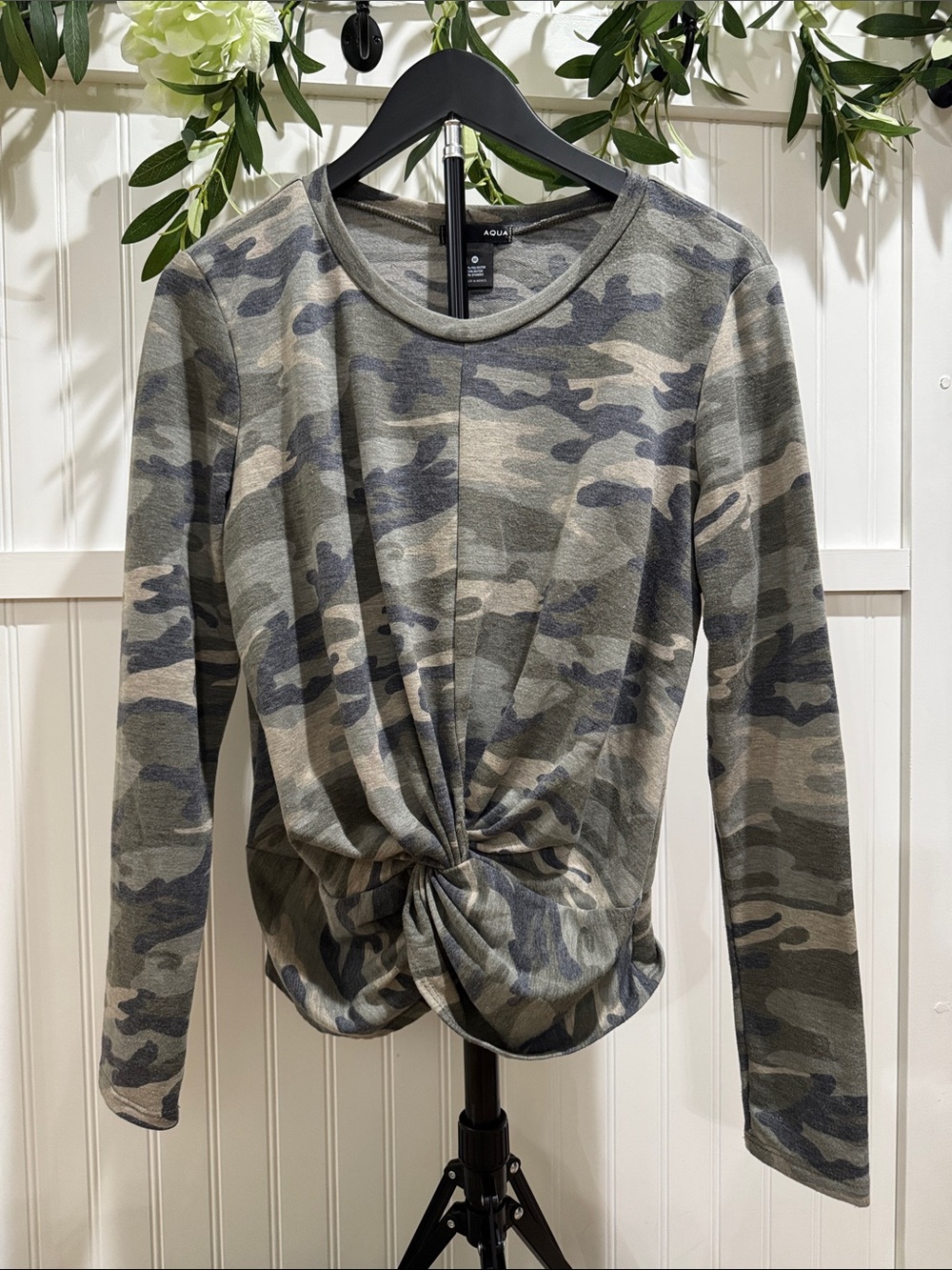 #323 AQUA Olive & Gray Camo Twist-Front Long Sleeve Top